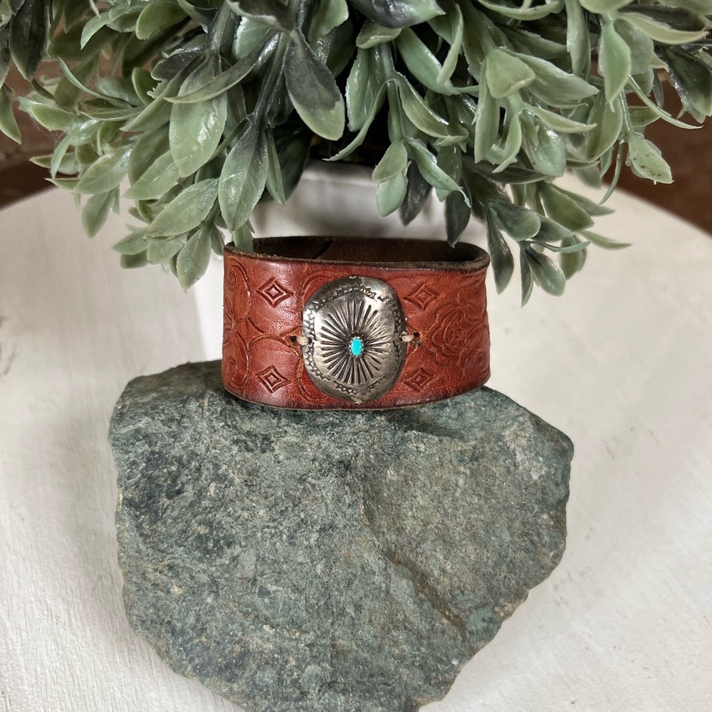Handmade Sterling Silver Concho Leather Cuff – 7.5” - Picture 3 of 4